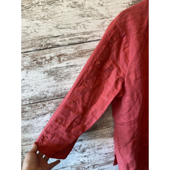 For Cynthia Linen 3/4 Sleeve Button Front Button Sleeve Shirt Red Size Small - Picture 5 of 8